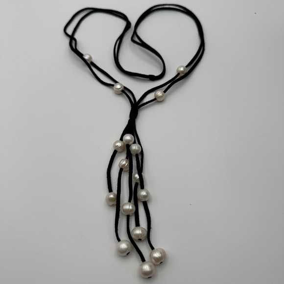 Freshwater Pearl Tassel Necklace 28” on Black Suede Cord - Picture 2 of 4